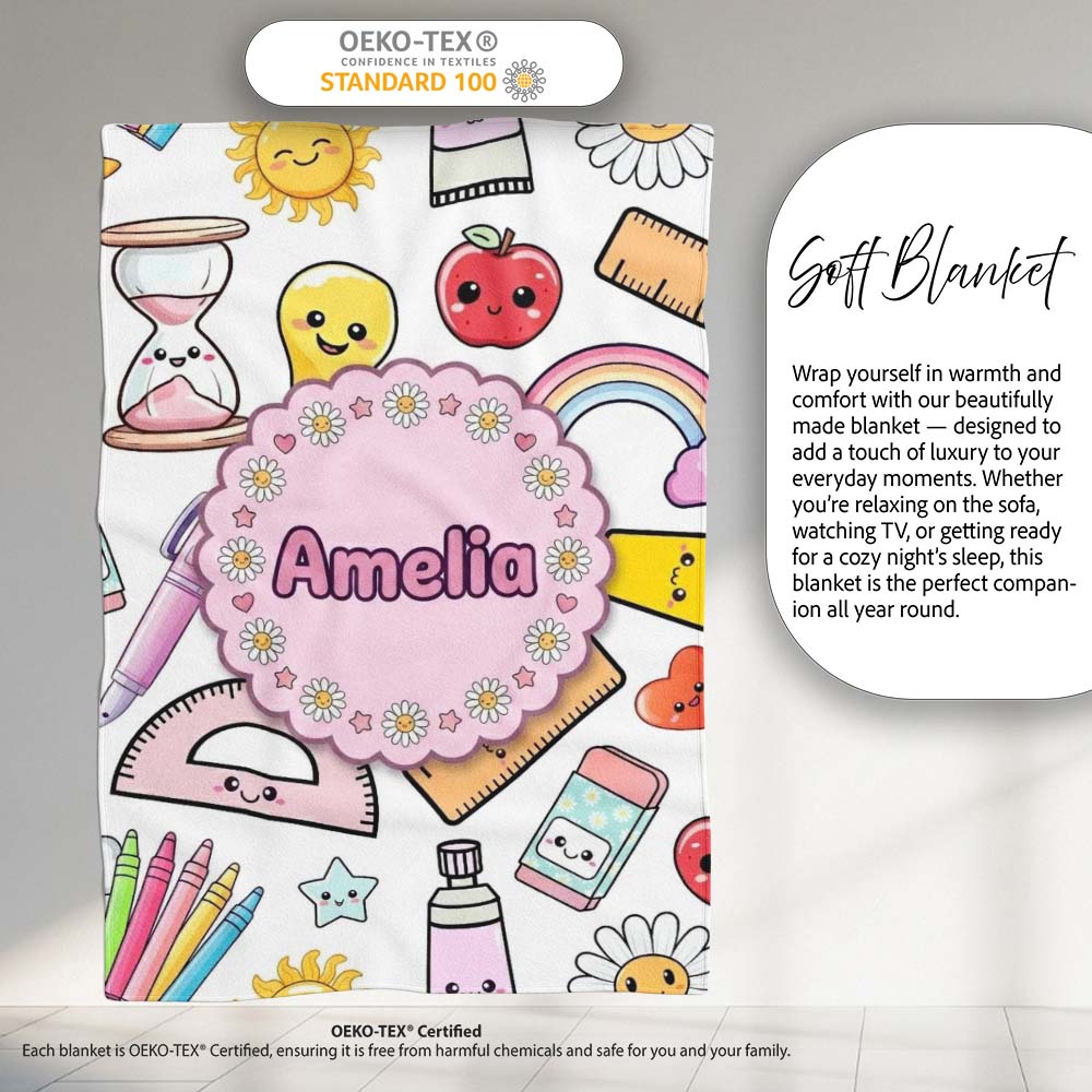 School Supplies Grey Background Rainbow Apple Glue Pen Ruler Personalised Custom Name Super Soft Fleece Blanket Bed Sofa Throw