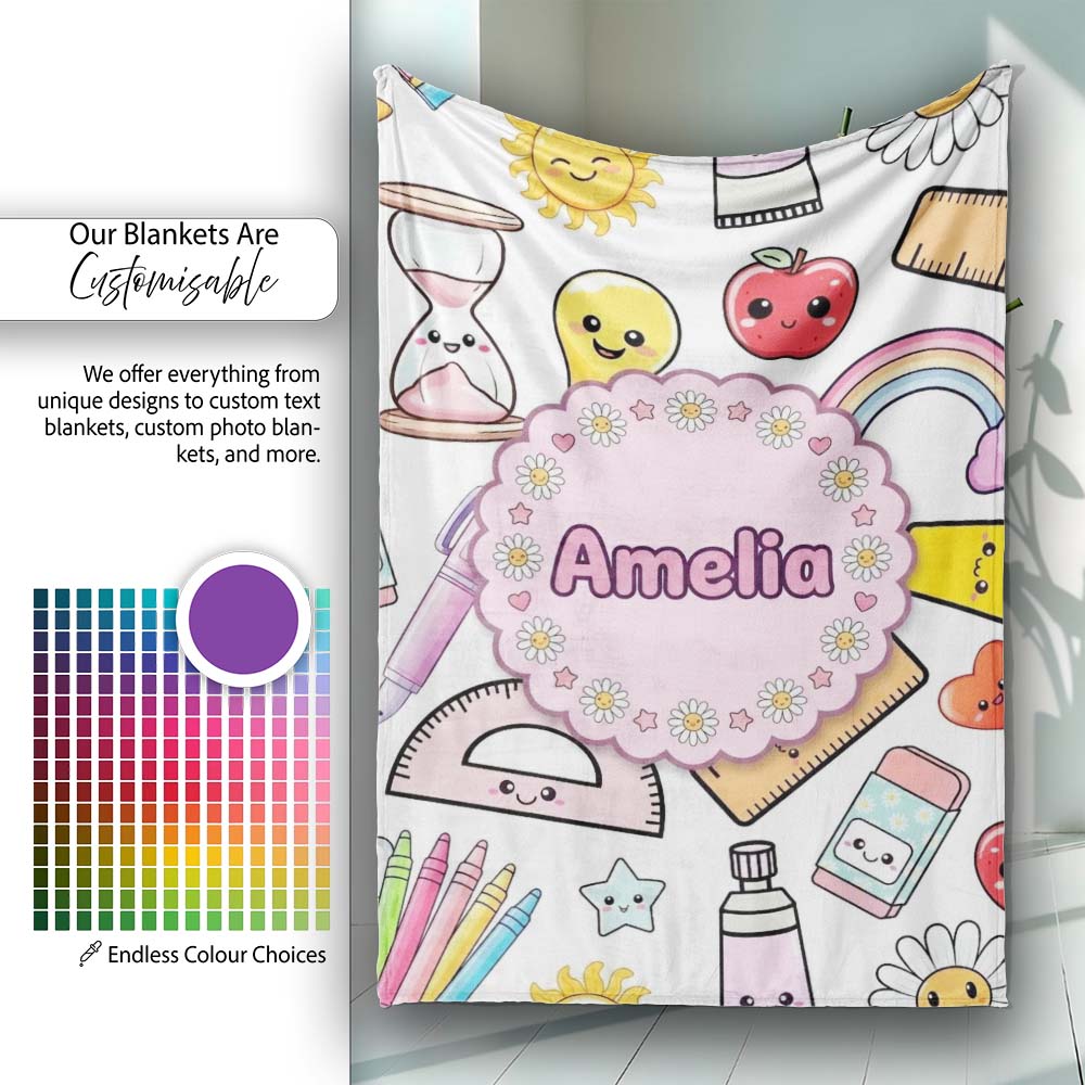 School Supplies Grey Background Rainbow Apple Glue Pen Ruler Personalised Custom Name Super Soft Fleece Blanket Bed Sofa Throw