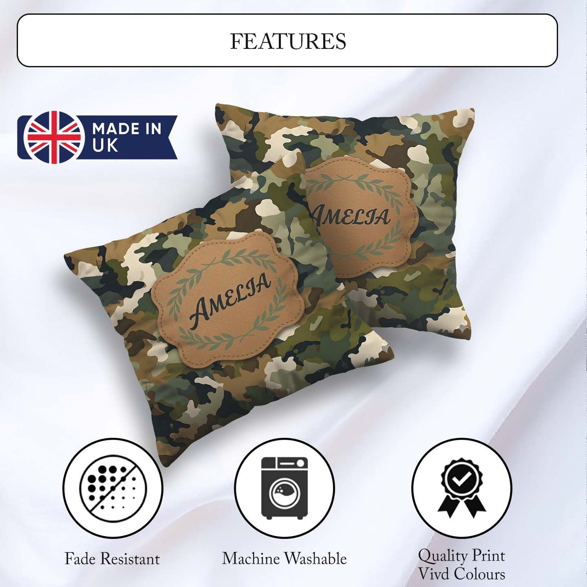 Custom Name Soft Olive Mixed Camouflage Seamless Pattern for Her Square Filled Cushion Throw Pillow Sofa Bed Home Decor Zip Washable UK Made
