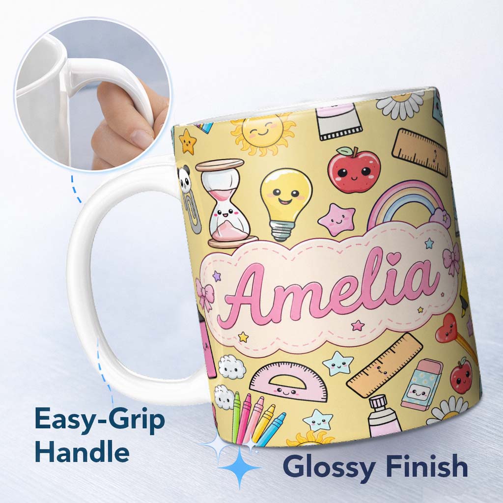 Personalized Custom Name School Supplies Yellow Background Rainbow Apple Glue Pen Ruler 11oz Ceramic Coffee Tea Mug White Large Handle