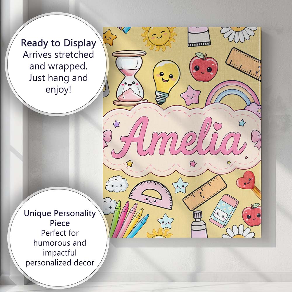 Personalised Name School Supplies Yellow Custom Unique Gift Idea Elegant Feature Canvas Wall Art Print Decor Picture Ready to Hang