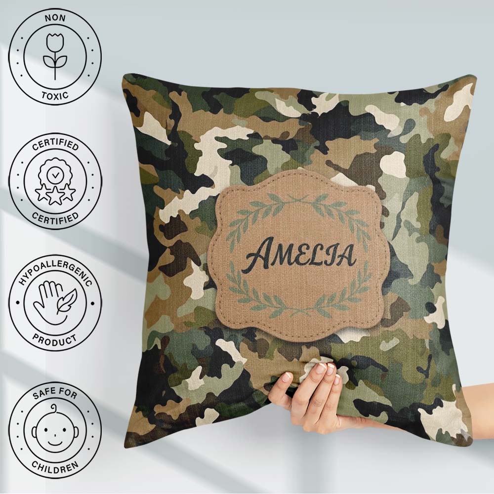 Custom Name Soft Olive Mixed Camouflage Seamless Pattern for Her Square Filled Cushion Throw Pillow Sofa Bed Home Decor Zip Washable UK Made