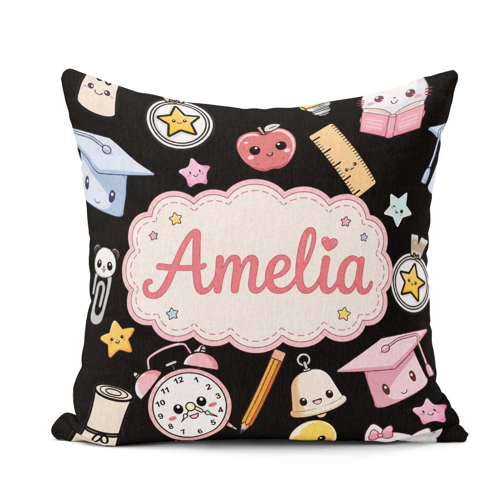Custom Name Cute Kawaii School Learning Cat Books Clock Seamless Square Filled Cushion Throw Pillow Sofa Bed Home Decor Zip Washable UK Made