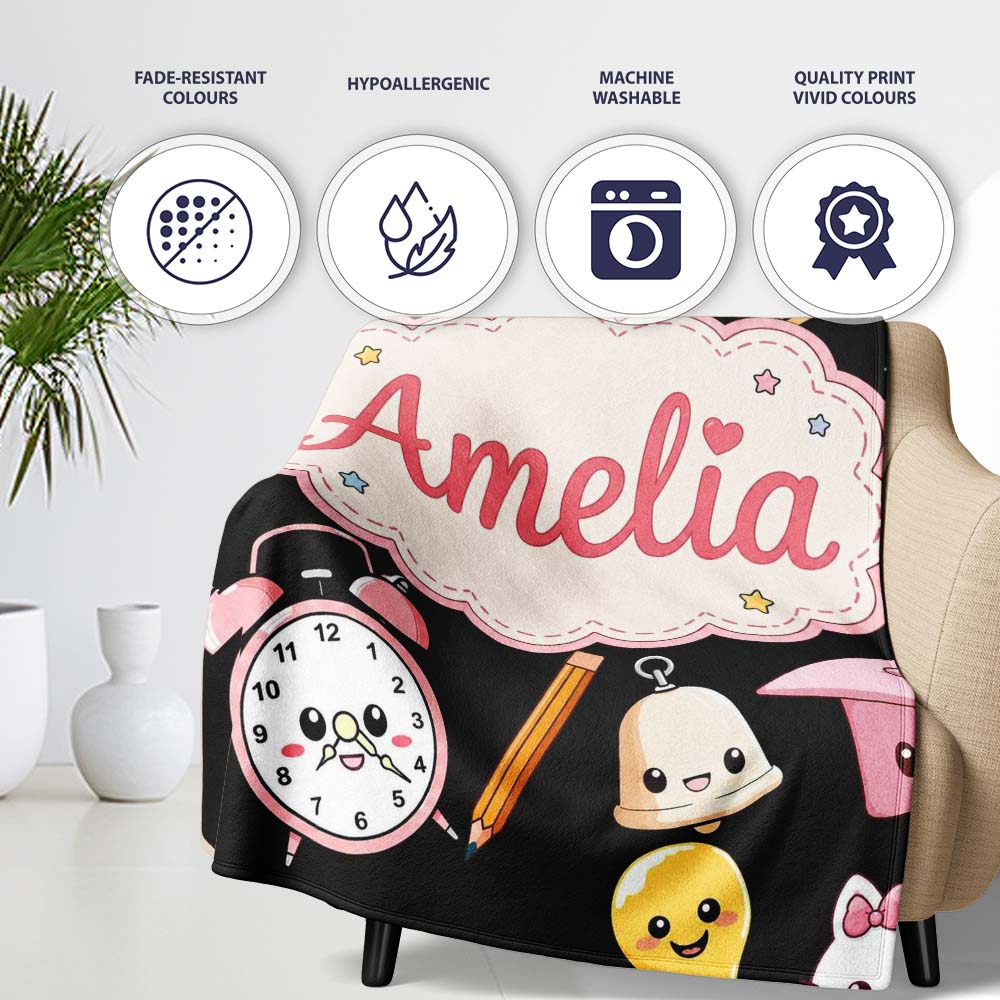 Cute Kawaii School Learning Cat Books Clock Pencil Seamless Pattern Personalised Custom Name Super Soft Fleece Blanket Bed Sofa Throw