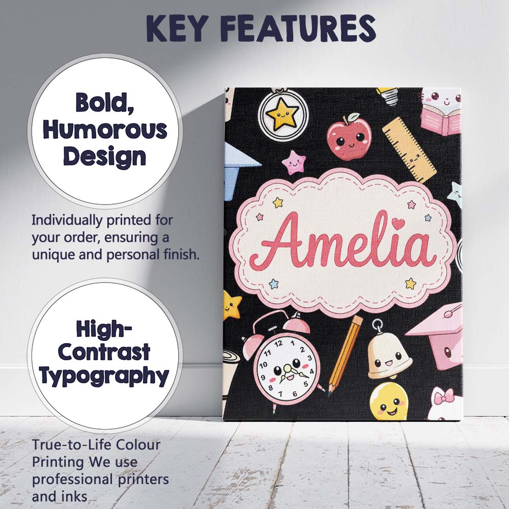 Personalised Name Cute Kawaii School Custom Premium Decorative Design Modern Room Accent Canvas Wall Art Print Decor Picture Ready to Hang