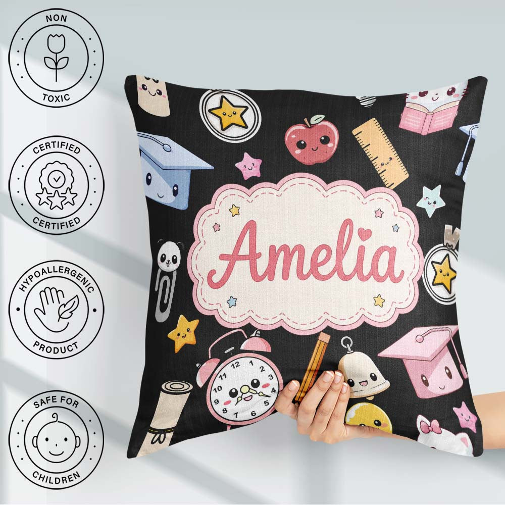 Custom Name Cute Kawaii School Learning Cat Books Clock Seamless Square Filled Cushion Throw Pillow Sofa Bed Home Decor Zip Washable UK Made