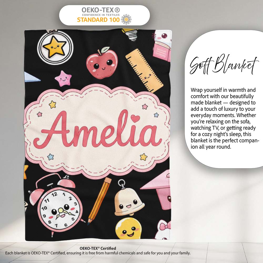Cute Kawaii School Learning Cat Books Clock Pencil Seamless Pattern Personalised Custom Name Super Soft Fleece Blanket Bed Sofa Throw