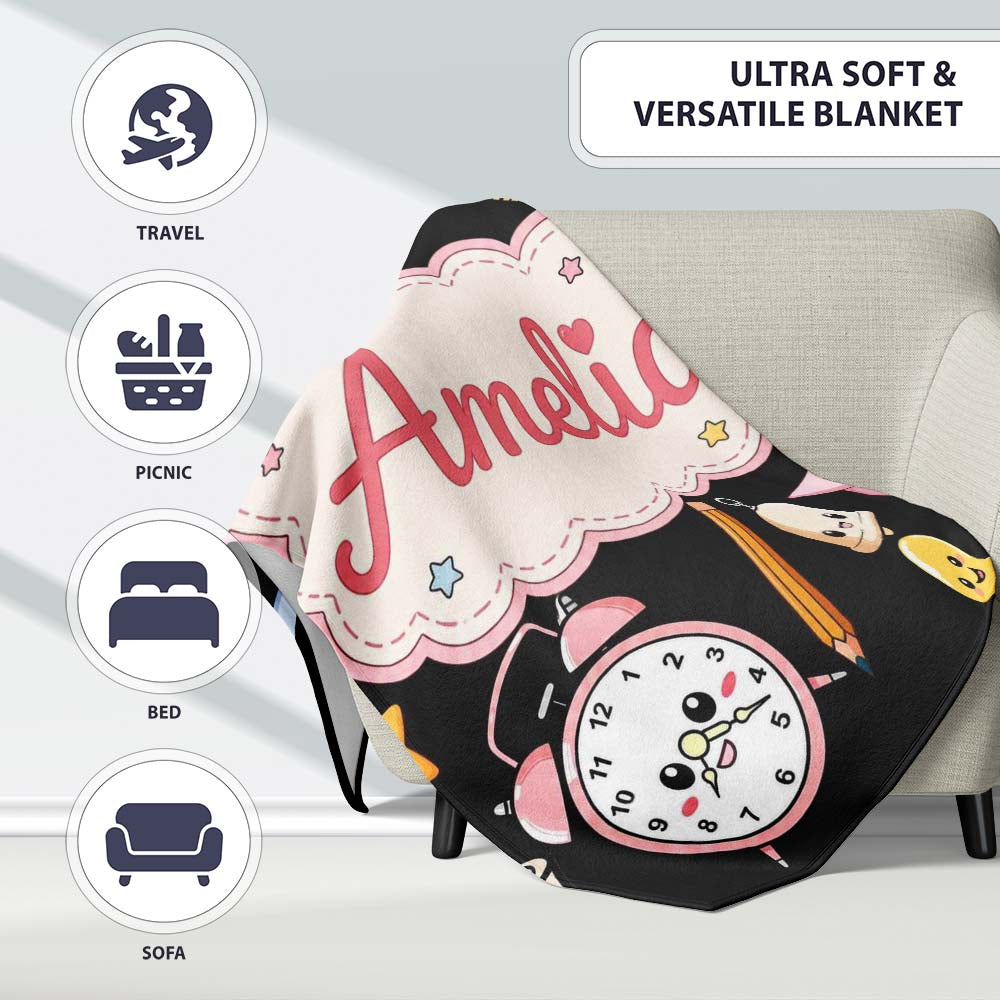 Cute Kawaii School Learning Cat Books Clock Pencil Seamless Pattern Personalised Custom Name Super Soft Fleece Blanket Bed Sofa Throw