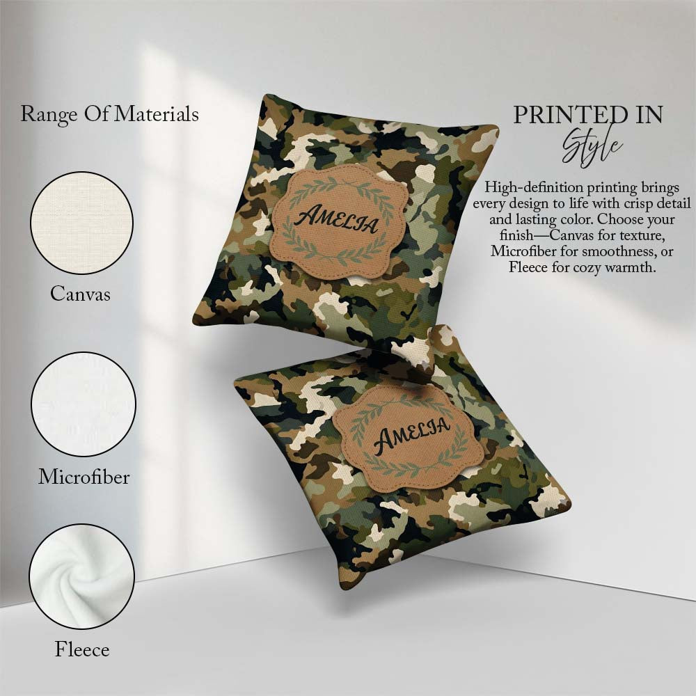 Custom Name Soft Olive Mixed Camouflage Seamless Pattern for Her Square Filled Cushion Throw Pillow Sofa Bed Home Decor Zip Washable UK Made
