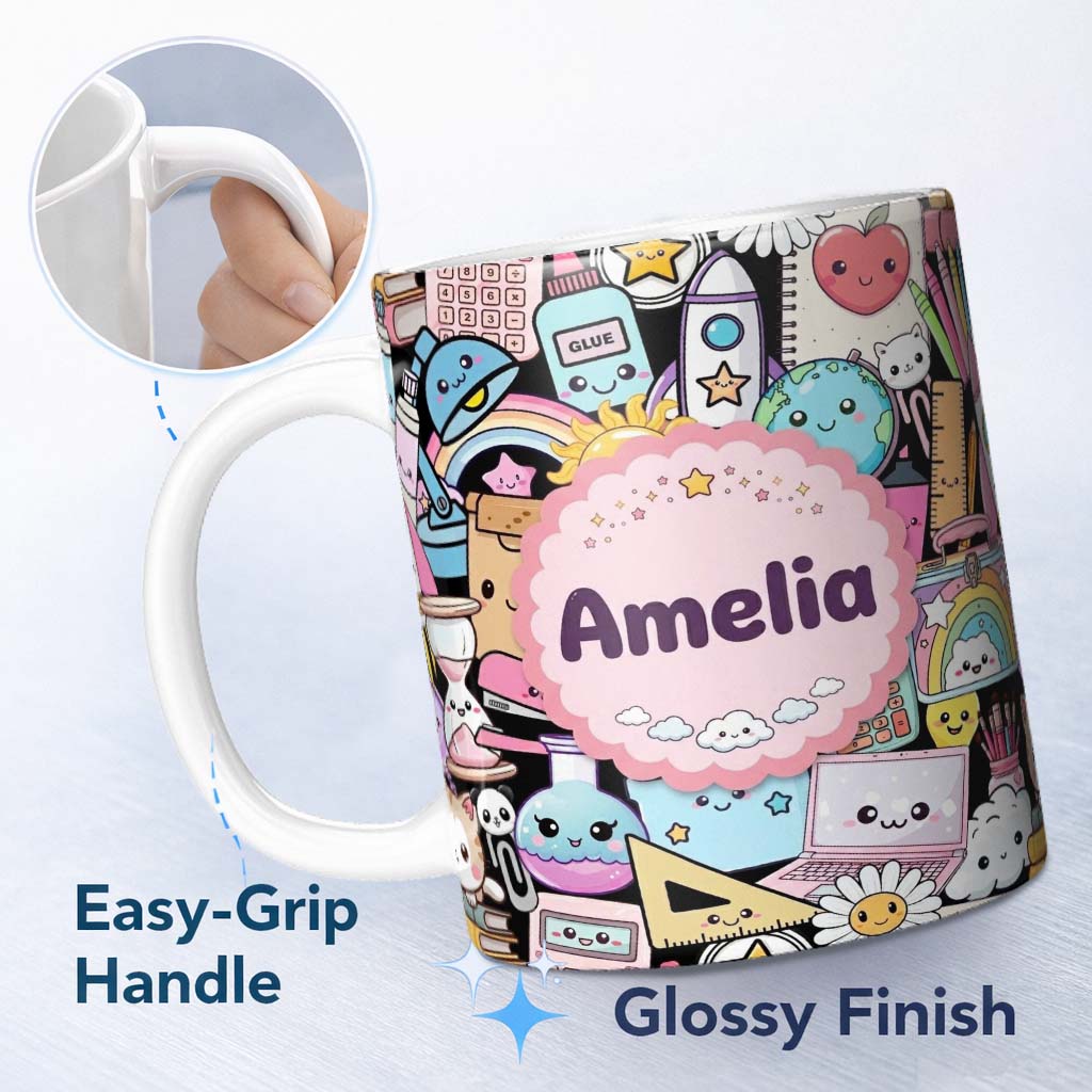Personalized Custom Name Pastel School Essentials Backpack Rocket Globe Clipboard Seamless 11oz Ceramic Coffee Tea Mug White Large Handle