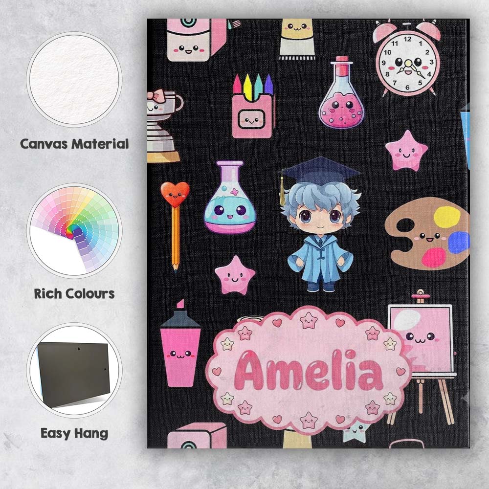 Personalised Name Cute Kawaii Graduation Custom Unique Gift Idea Elegant Feature Canvas Wall Art Print Decor Picture Ready to Hang