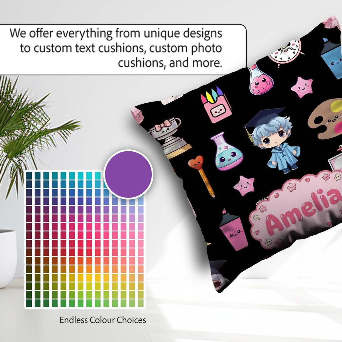 Custom Name Cute Kawaii Theme Student Trophy Paint Palette Art Square Filled Cushion Throw Pillow Sofa Bed Home Decor Zip Washable UK Made
