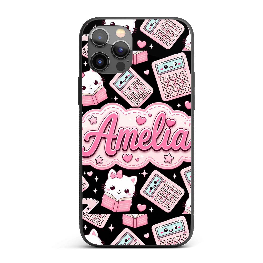 Cute Kawaii Maths Study Calculator Kitty Book Custom Name Protective Phone Case Mobile Cover Durable Everyday Smartphone Shock Resistant