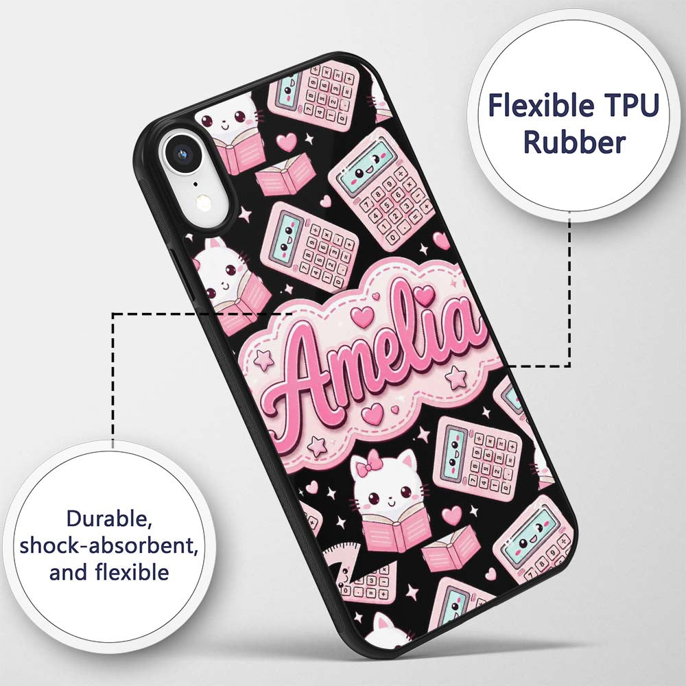 Cute Kawaii Maths Study Calculator Kitty Book Custom Name Protective Phone Case Mobile Cover Durable Everyday Smartphone Shock Resistant