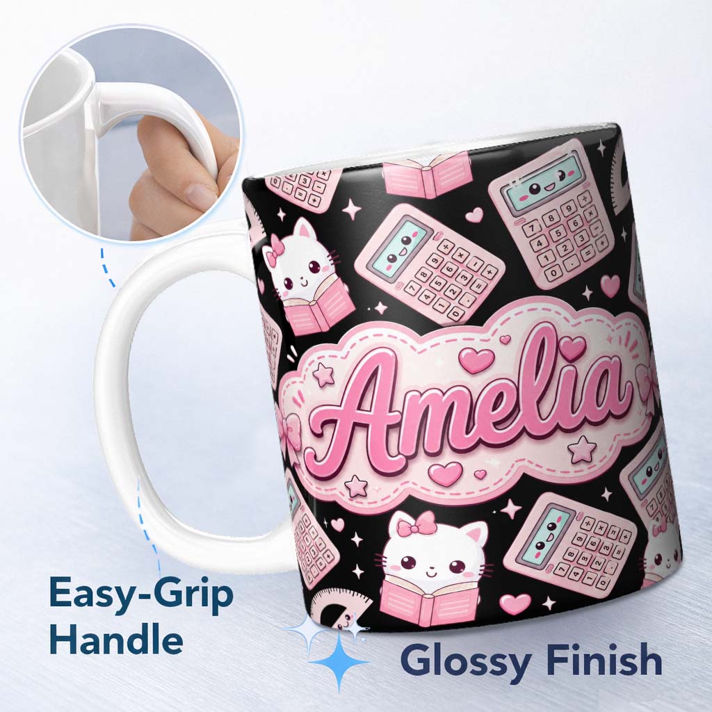 Personalized Custom Name Cute Kawaii Maths Study Calculator Kitty Book Learning Seamless 11oz Ceramic Coffee Tea Mug White Large Handle