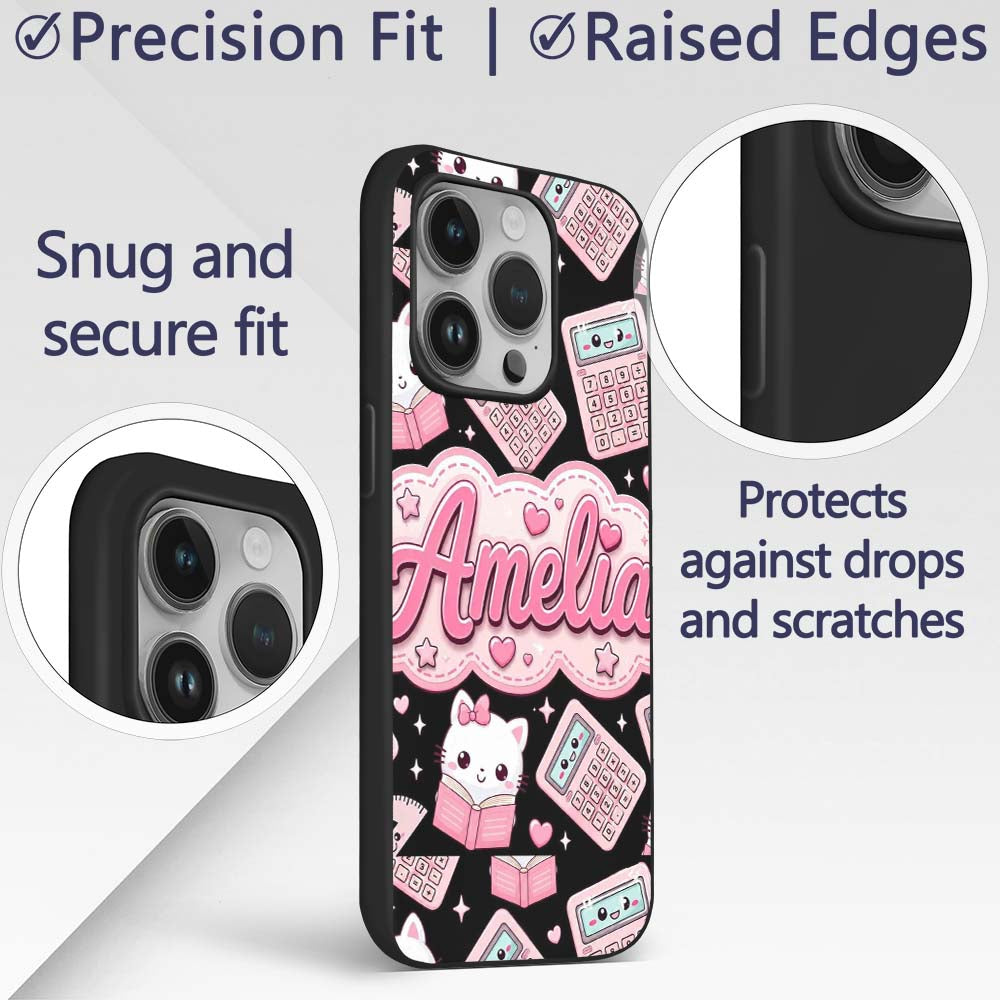Cute Kawaii Maths Study Calculator Kitty Book Custom Name Protective Phone Case Mobile Cover Durable Everyday Smartphone Shock Resistant