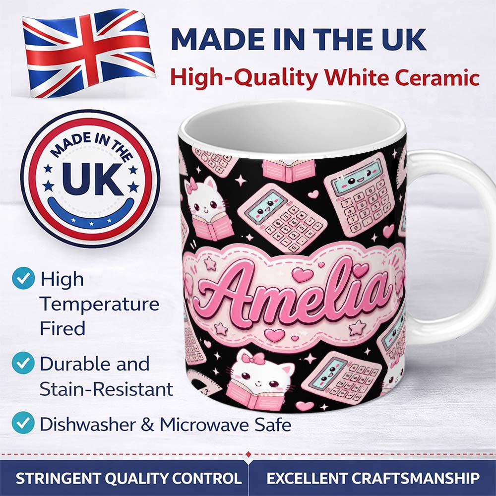 Personalized Custom Name Cute Kawaii Maths Study Calculator Kitty Book Learning Seamless 11oz Ceramic Coffee Tea Mug White Large Handle