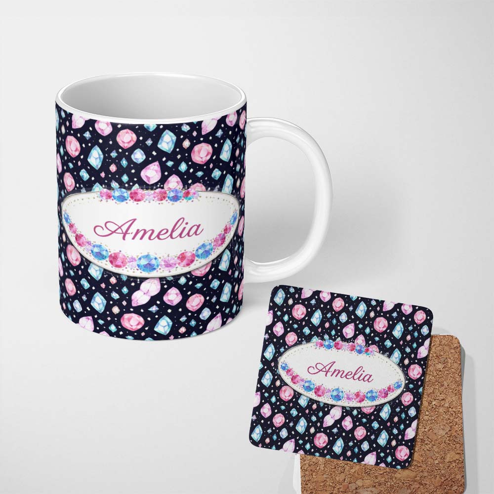 Personalized Custom Name Navy Blue Cosmic Crystal Gemstone Seamless Pattern Cute Unique Gift 11oz Ceramic Coffee Tea Mug White Large Handle