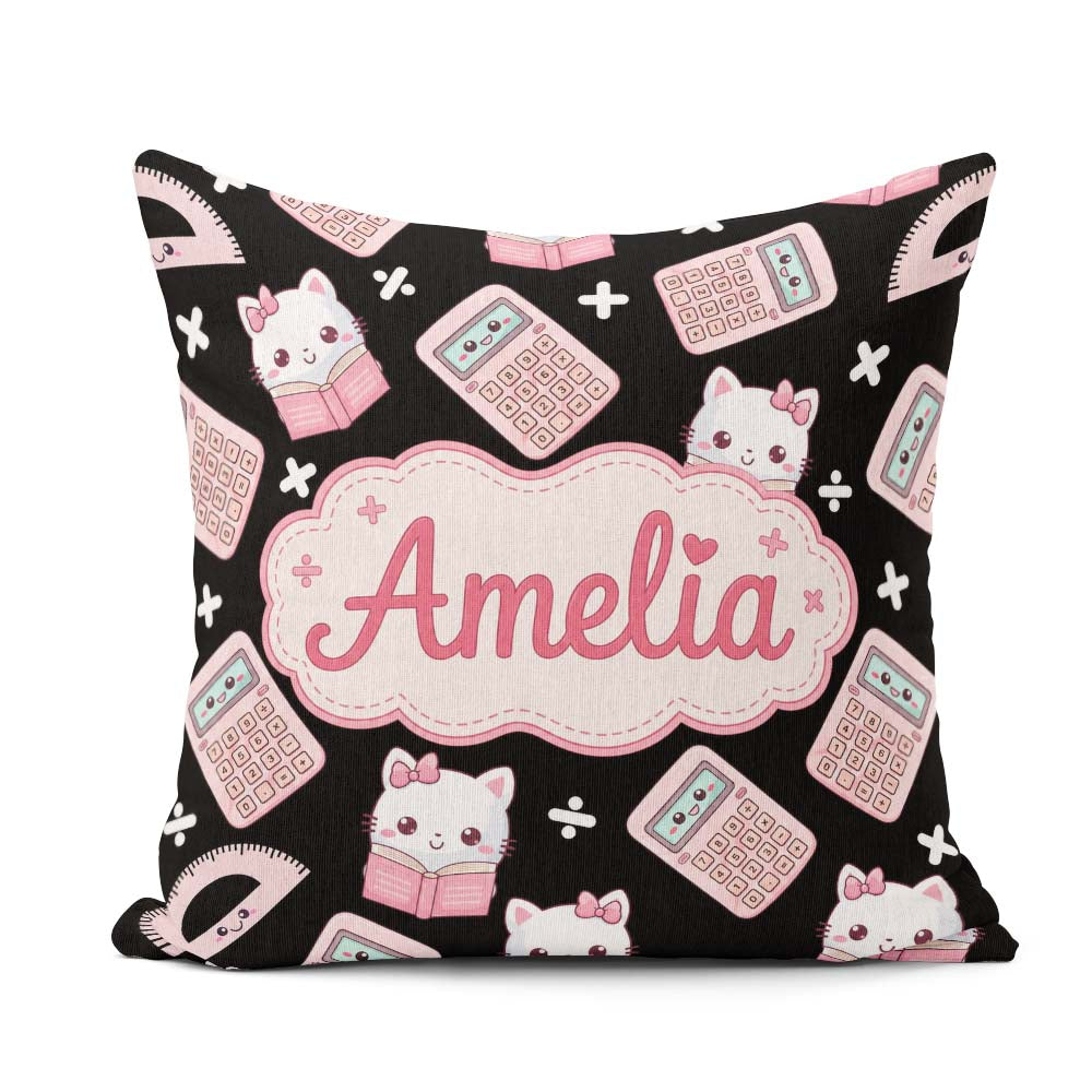 Custom Name Cute Pink Maths Study Calculator Kitty Book Learning Square Filled Cushion Throw Pillow Sofa Bed Home Decor Zip Washable UK Made