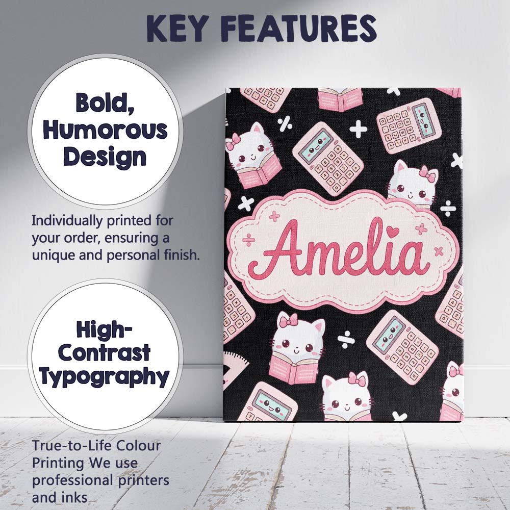 Personalised Name Cute Kawaii Pink Maths Custom Unique Gift Idea Elegant Feature Canvas Wall Art Print Decor Picture Ready to Hang