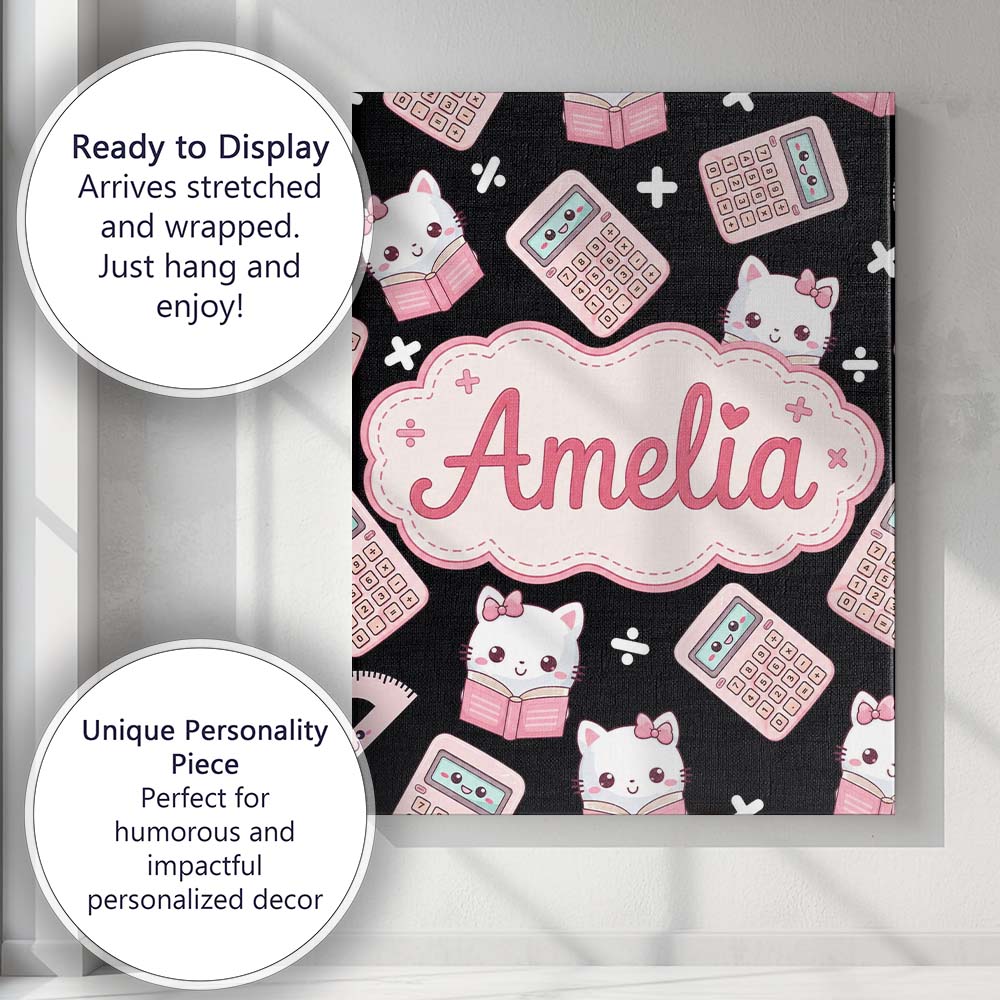 Personalised Name Cute Kawaii Pink Maths Custom Unique Gift Idea Elegant Feature Canvas Wall Art Print Decor Picture Ready to Hang