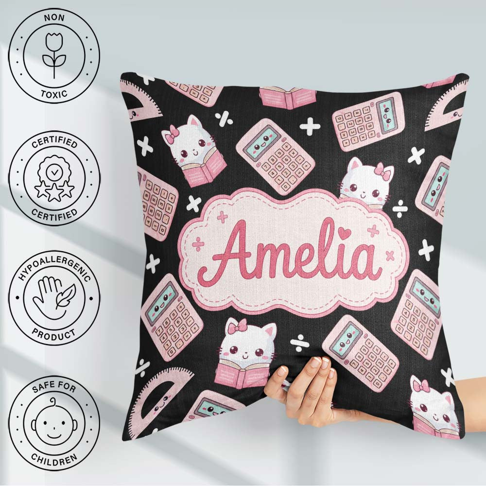 Custom Name Cute Pink Maths Study Calculator Kitty Book Learning Square Filled Cushion Throw Pillow Sofa Bed Home Decor Zip Washable UK Made