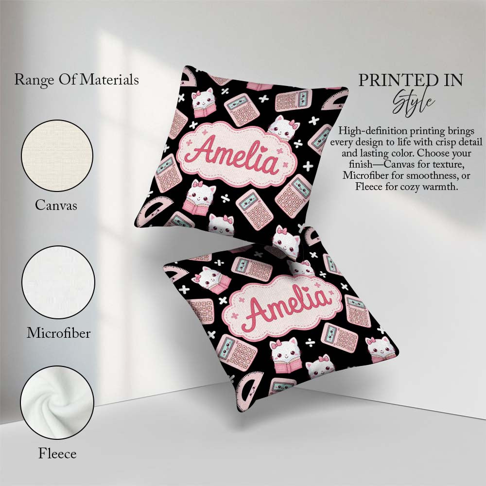 Custom Name Cute Pink Maths Study Calculator Kitty Book Learning Square Filled Cushion Throw Pillow Sofa Bed Home Decor Zip Washable UK Made