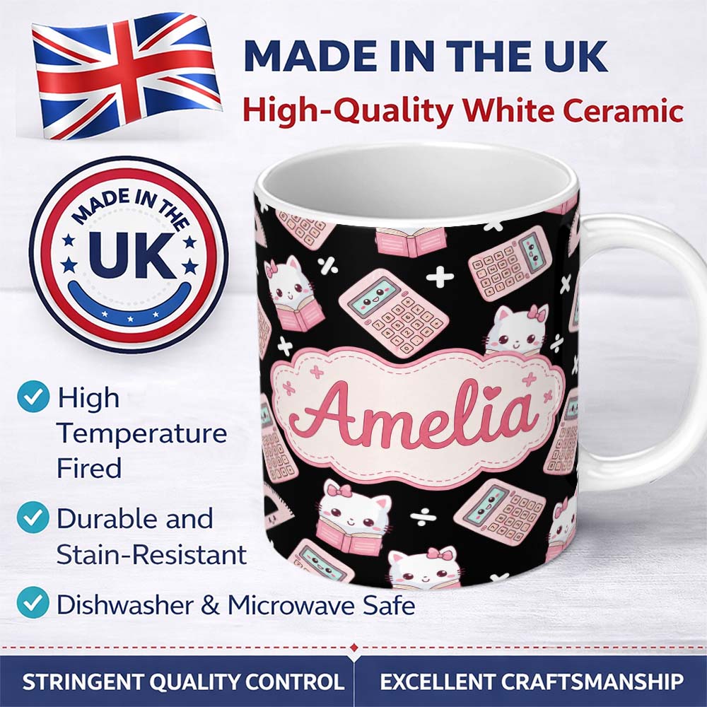Personalized Custom Name Cute Kawaii Pink Maths Study Calculator Kitty Book Learning 11oz Ceramic Coffee Tea Mug White Large Handle