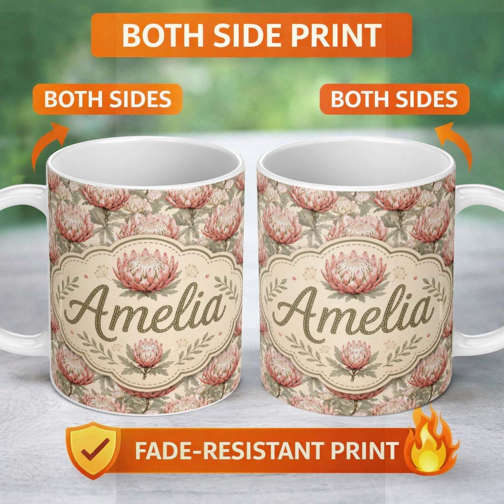Personalized Custom Name Elegant Pink Protea Floral Botanical Seamless Pattern Lovely 11oz Ceramic Coffee Tea Mug White Large Handle