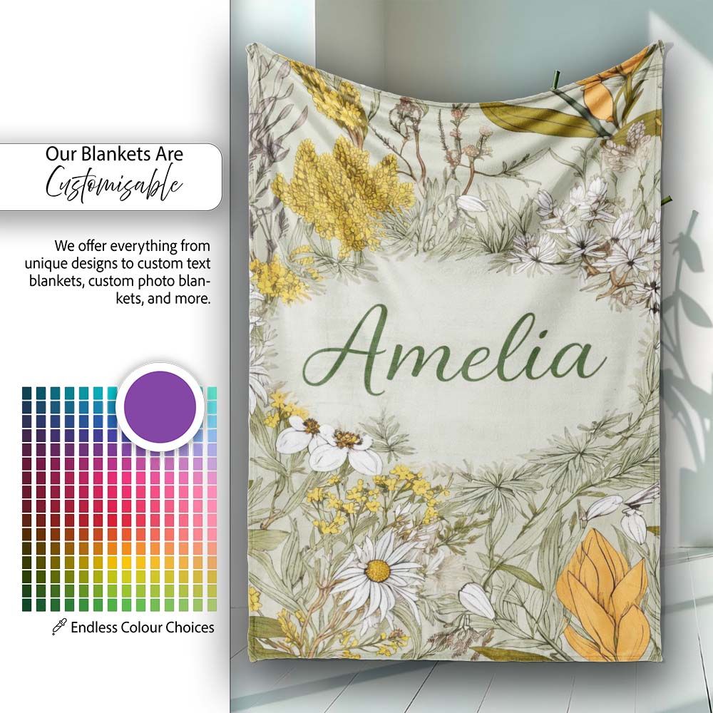 Vintage Botanical Floral Sage Green Detailed Seamless Pattern Lovely Personalised Custom Name Super Soft Fleece Blanket Bed Sofa Throw