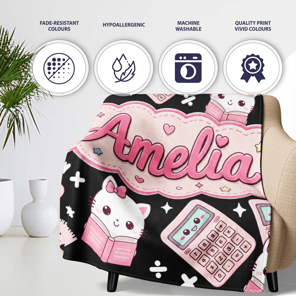 Cute Kawaii Space Learning Rockets Sun Globe Science Seamless Personalised Custom Name Super Soft Fleece Blanket Bed Sofa Throw