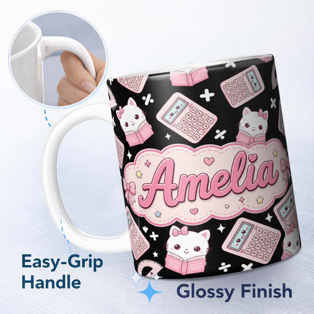 Personalized Custom Name Cute Kawaii Space Learning Rockets Sun Globe Science Seamless 11oz Ceramic Coffee Tea Mug White Large Handle