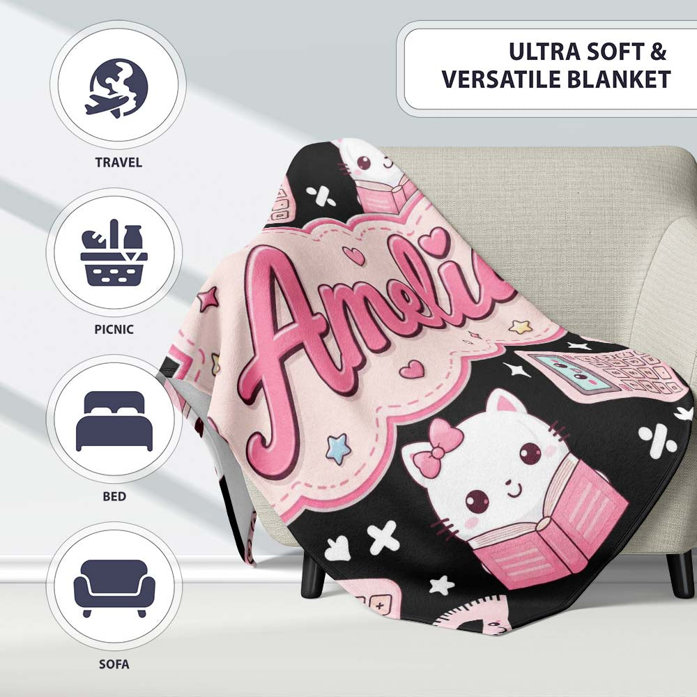 Cute Kawaii Space Learning Rockets Sun Globe Science Seamless Personalised Custom Name Super Soft Fleece Blanket Bed Sofa Throw