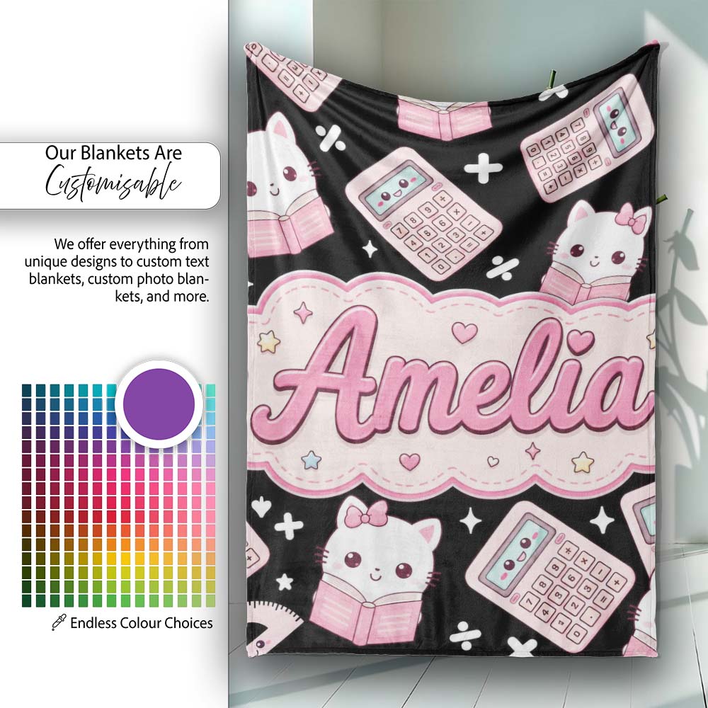 Cute Kawaii Space Learning Rockets Sun Globe Science Seamless Personalised Custom Name Super Soft Fleece Blanket Bed Sofa Throw