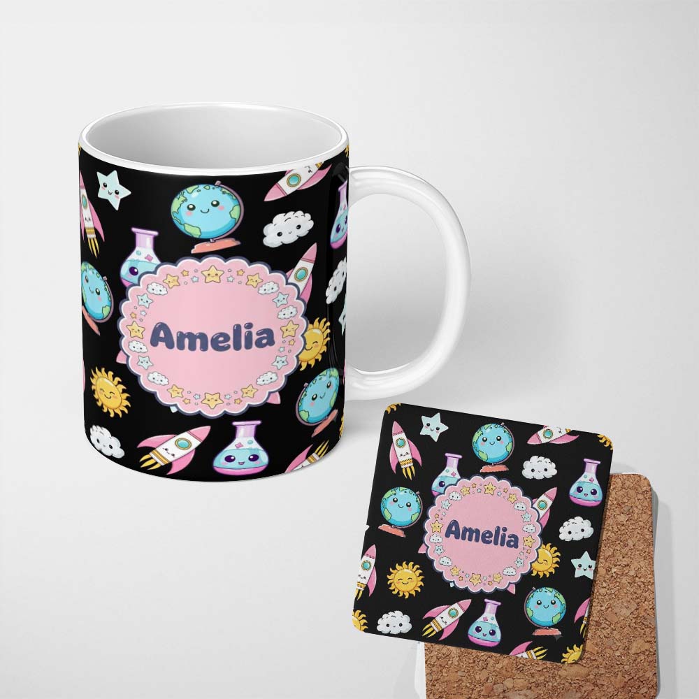 Personalized Custom Name Cute Kawaii School Stationery Rainbow Glue Ruler Apple Fun Seamless 11oz Ceramic Coffee Tea Mug White Large Handle