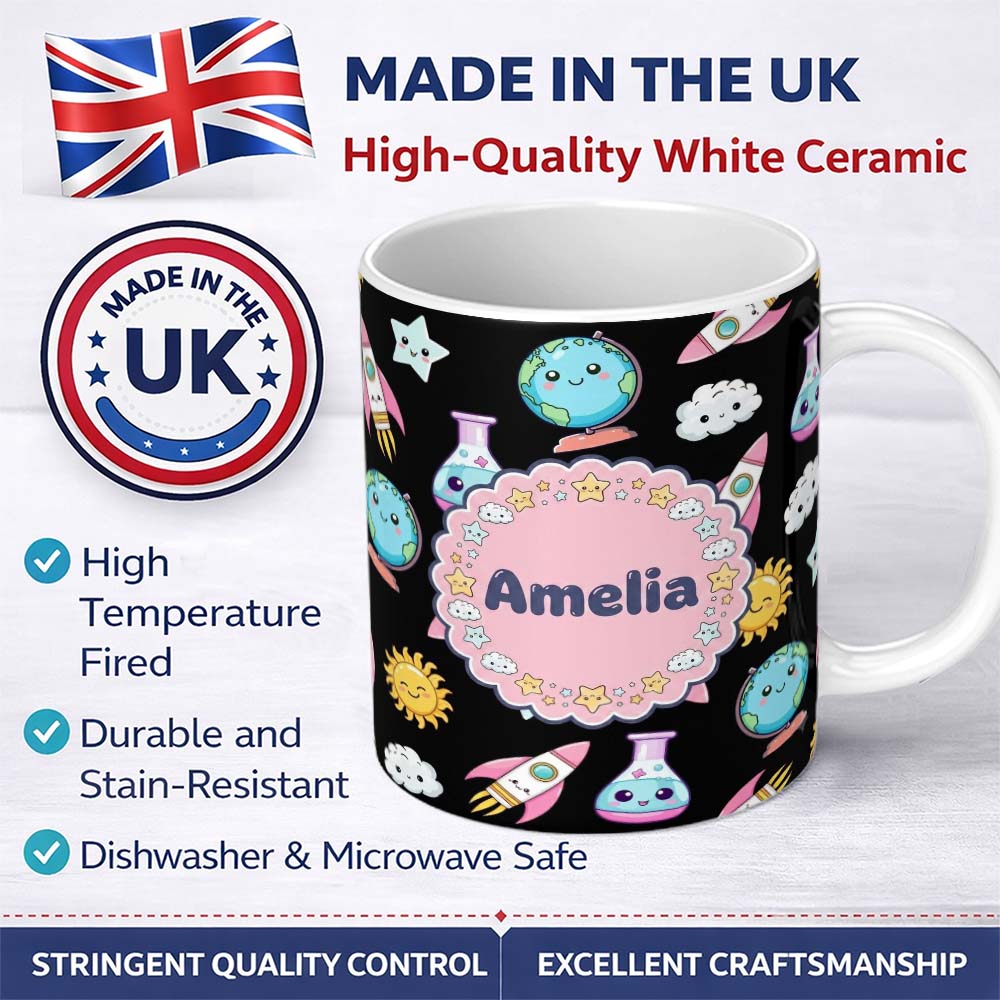 Personalized Custom Name Cute Kawaii School Stationery Rainbow Glue Ruler Apple Fun Seamless 11oz Ceramic Coffee Tea Mug White Large Handle