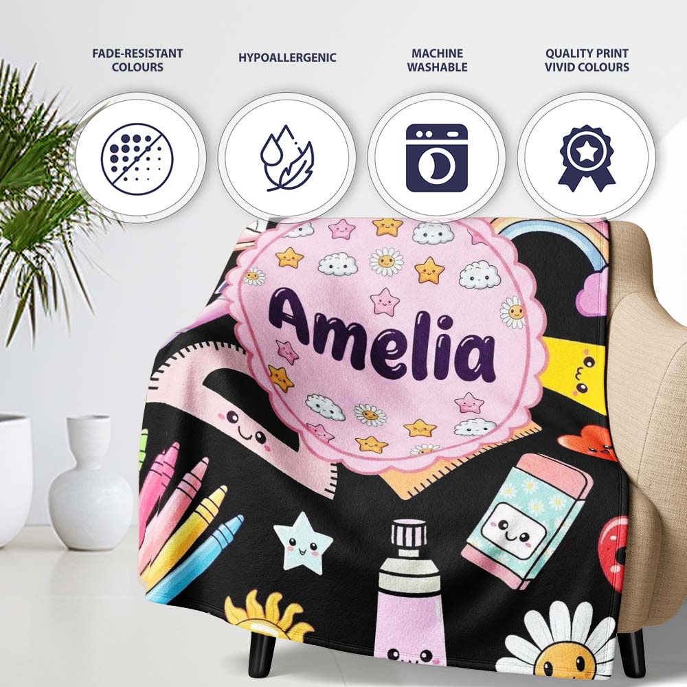 Cute Kawaii Creative School Supplies Mixed Fun Seamless Pattern Name Personalised Custom Name Super Soft Fleece Blanket Bed Sofa Throw