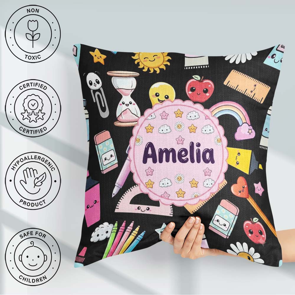 Custom Name Cute Kawaii Creative Supplies Mixed Fun Pattern Name Square Filled Cushion Throw Pillow Sofa Bed Home Decor Zip Washable UK Made