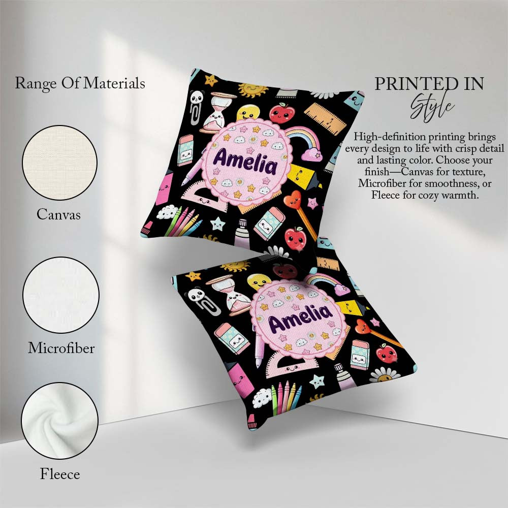 Custom Name Cute Kawaii Creative Supplies Mixed Fun Pattern Name Square Filled Cushion Throw Pillow Sofa Bed Home Decor Zip Washable UK Made