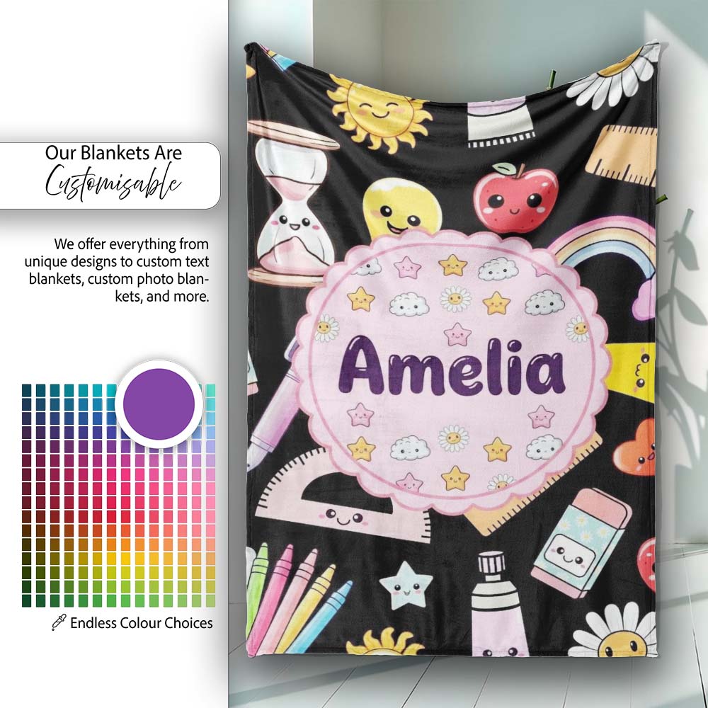 Cute Kawaii Creative School Supplies Mixed Fun Seamless Pattern Name Personalised Custom Name Super Soft Fleece Blanket Bed Sofa Throw