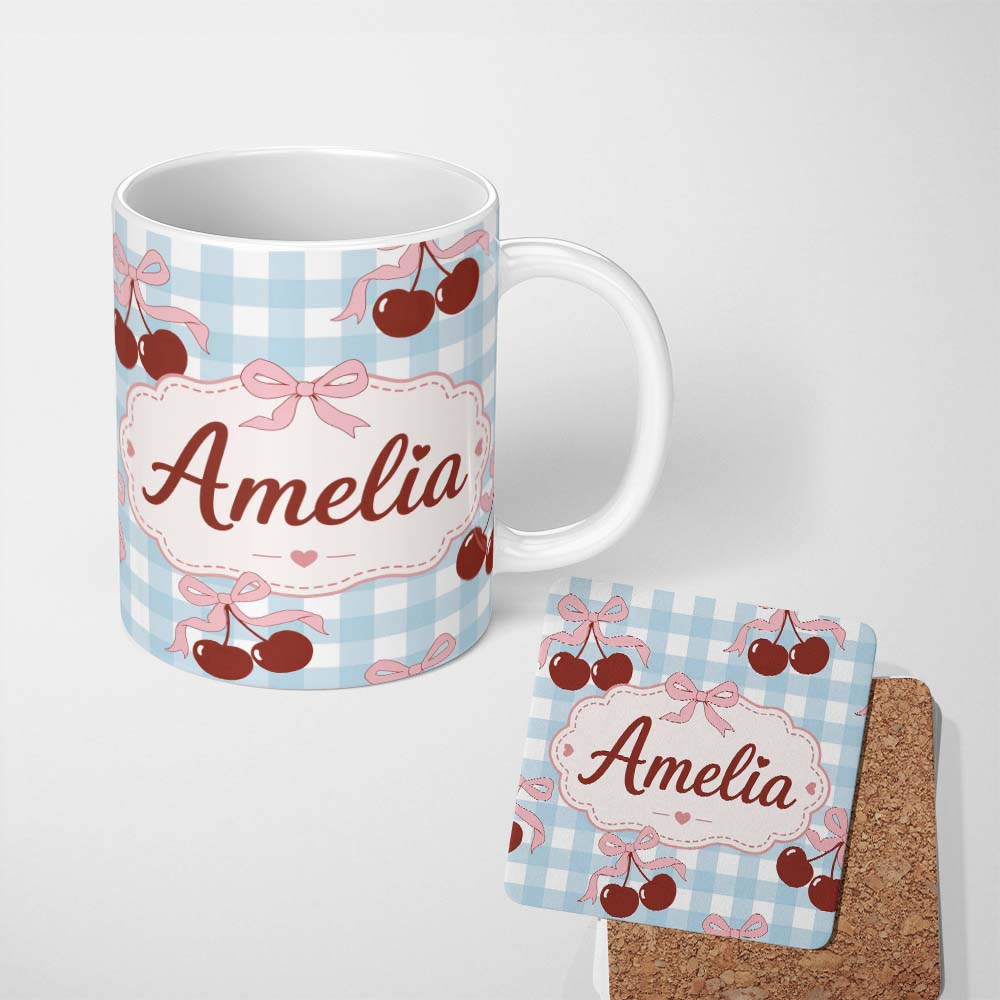 Personalized Custom Name Cherry Bow Ribbon Cute Blue Gingham Picnic Check Seamless Pattern 11oz Ceramic Coffee Tea Mug White Large Handle