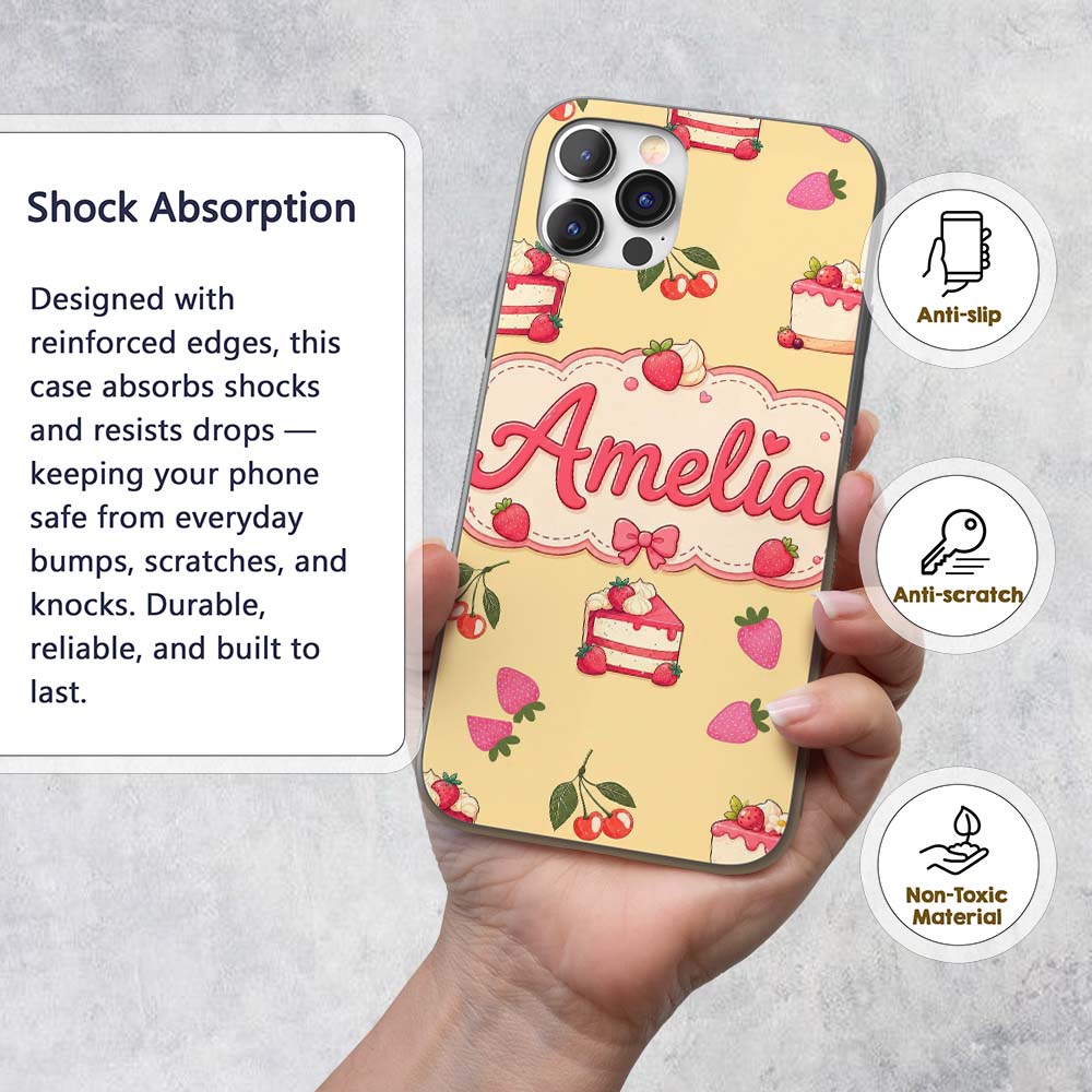 Cute Strawberry Cake Dessert Cherry Sweet Treat Custom Name Protective Phone Case Mobile Cover Durable Everyday Smartphone Shock Resistant