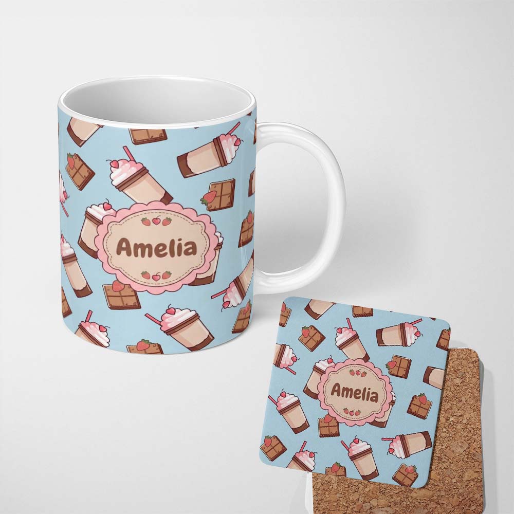Personalized Custom Name Cute Chocolate Milkshake Strawberry Sweet Drink Seamless Pattern 11oz Ceramic Coffee Tea Mug White Large Handle