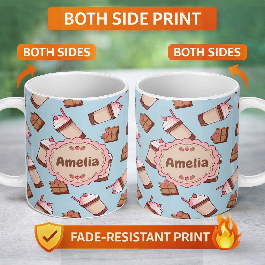 Personalized Custom Name Cute Chocolate Milkshake Strawberry Sweet Drink Seamless Pattern 11oz Ceramic Coffee Tea Mug White Large Handle