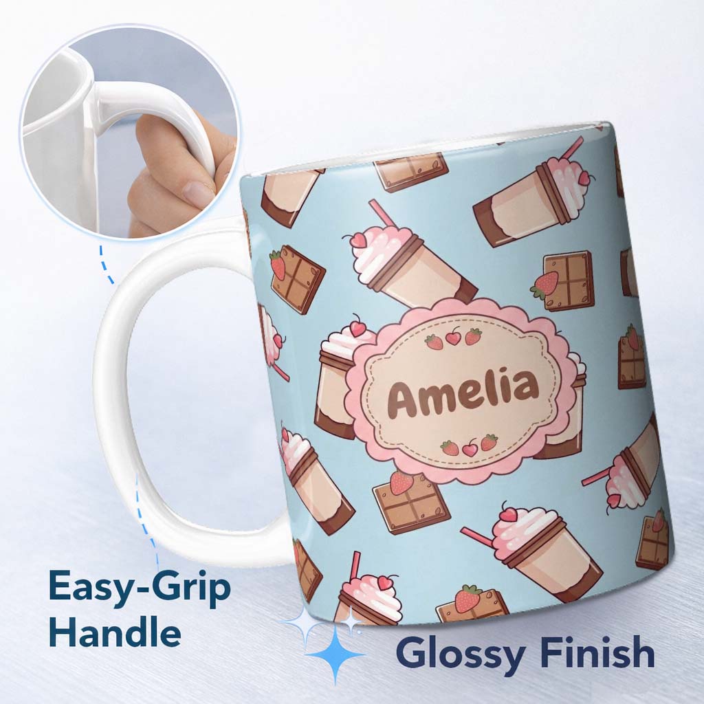 Personalized Custom Name Cute Chocolate Milkshake Strawberry Sweet Drink Seamless Pattern 11oz Ceramic Coffee Tea Mug White Large Handle