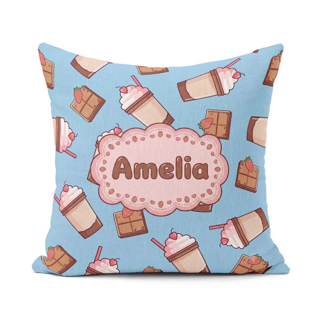 Custom Name Cute Chocolate Milkshake Blue Background Sweet Drink Square Filled Cushion Throw Pillow Sofa Bed Home Decor Zip Washable UK Made