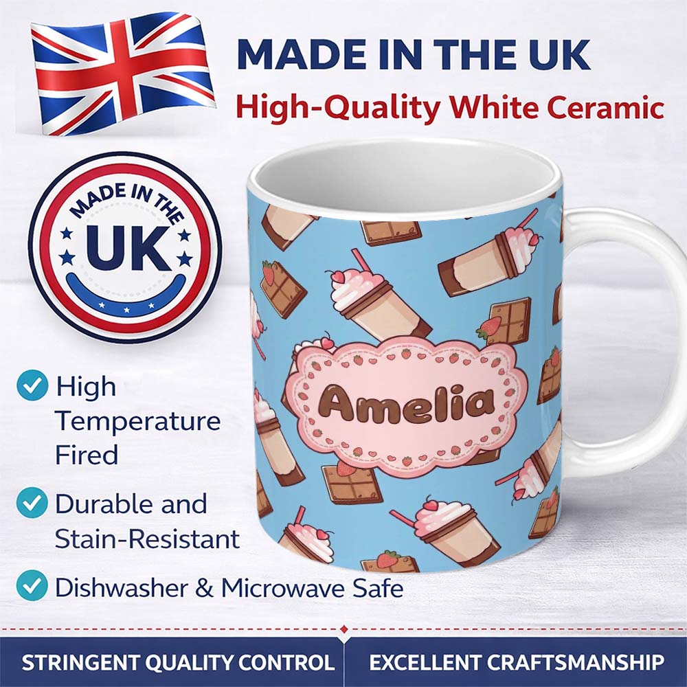 Personalized Custom Name Cute Chocolate Milkshake Blue Background Sweet Drink Seamless 11oz Ceramic Coffee Tea Mug White Large Handle