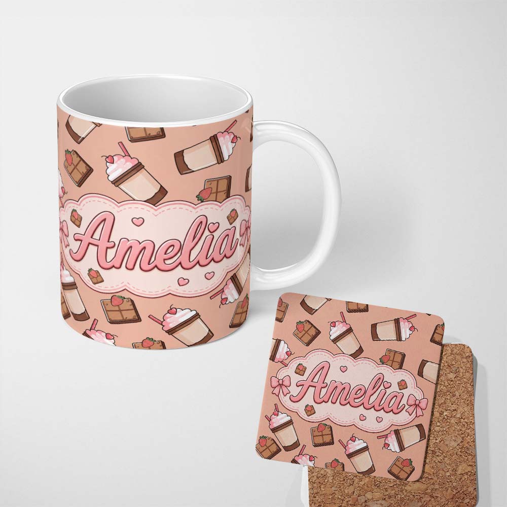 Personalized Custom Name Cute Chocolate Milkshake Peach Background Sweet Drink Seamless 11oz Ceramic Coffee Tea Mug White Large Handle