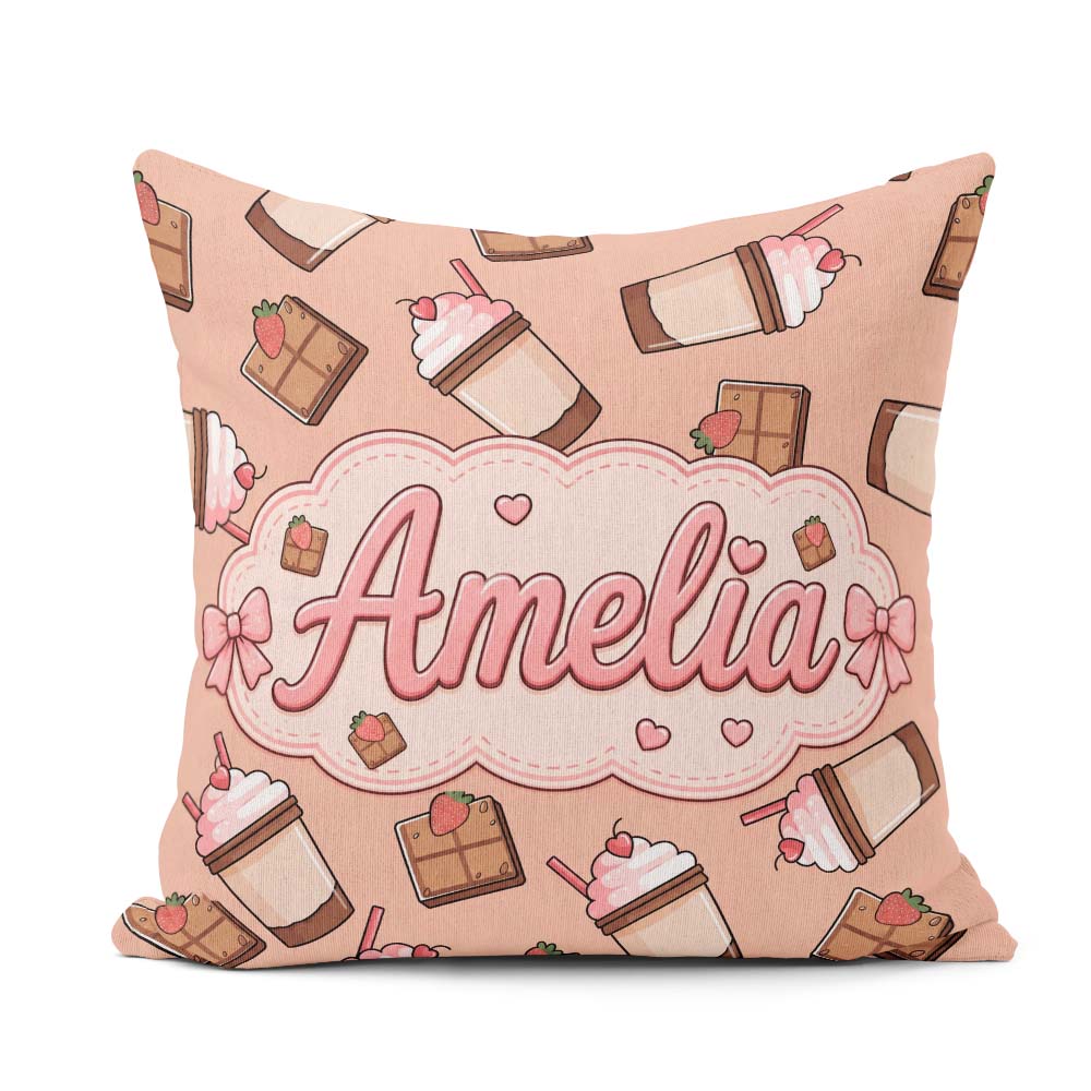 Custom Name Cute Chocolate Peach Background Sweet Drink Seamless Square Filled Cushion Throw Pillow Sofa Bed Home Decor Zip Washable UK Made