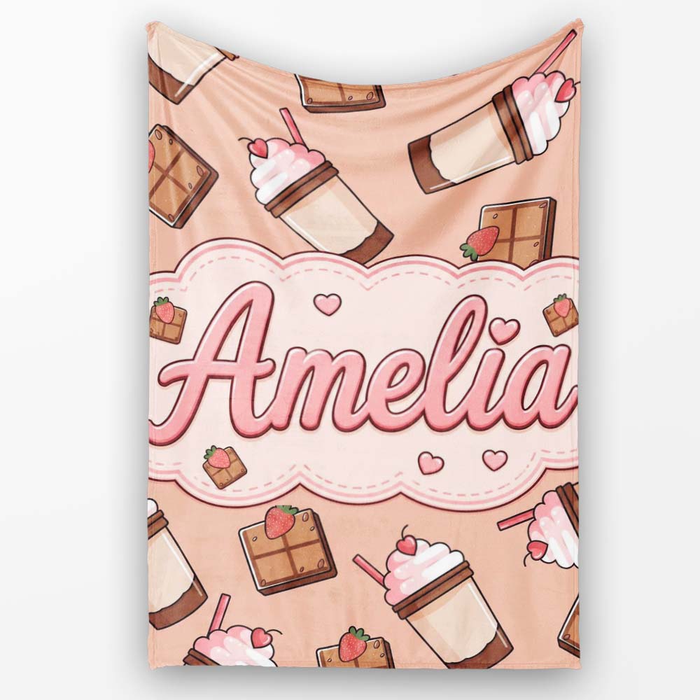 Cute Chocolate Milkshake Peach Background Sweet Drink Seamless Personalised Custom Name Super Soft Fleece Blanket Bed Sofa Throw